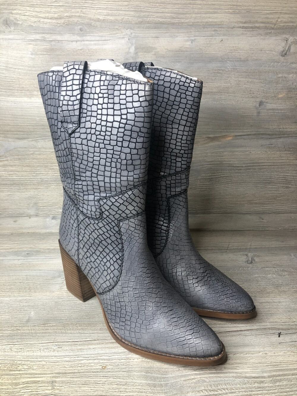 Diba True Leather Mid Calf Western Boots - Croc Embossed Size 9.5